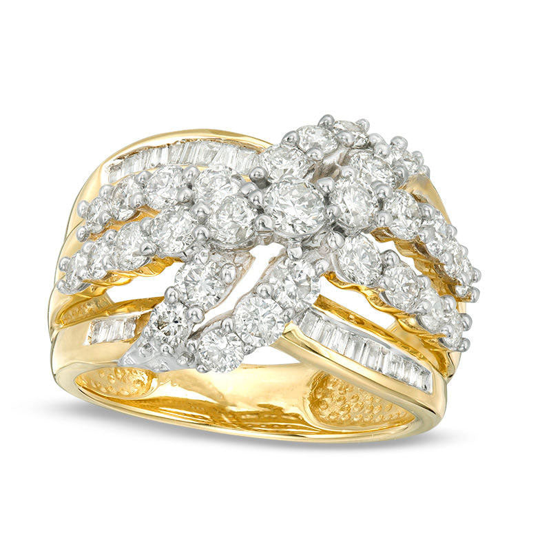 Image of ID 1 15 CT TW Baguette and Round Natural Diamond Multi-Row Crossover Ring in Solid 10K Yellow Gold