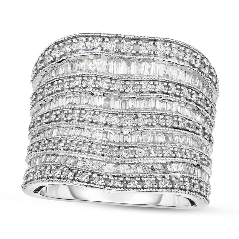 Image of ID 1 15 CT TW Baguette and Round Natural Diamond Multi-Row Ring in Solid 14K White Gold