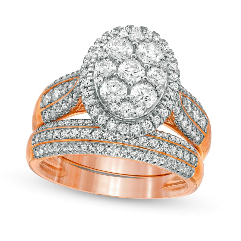 Image of ID 1 15 CT TW Composite Natural Diamond Oval Frame Multi-Row Bridal Engagement Ring Set in Solid 10K Rose Gold