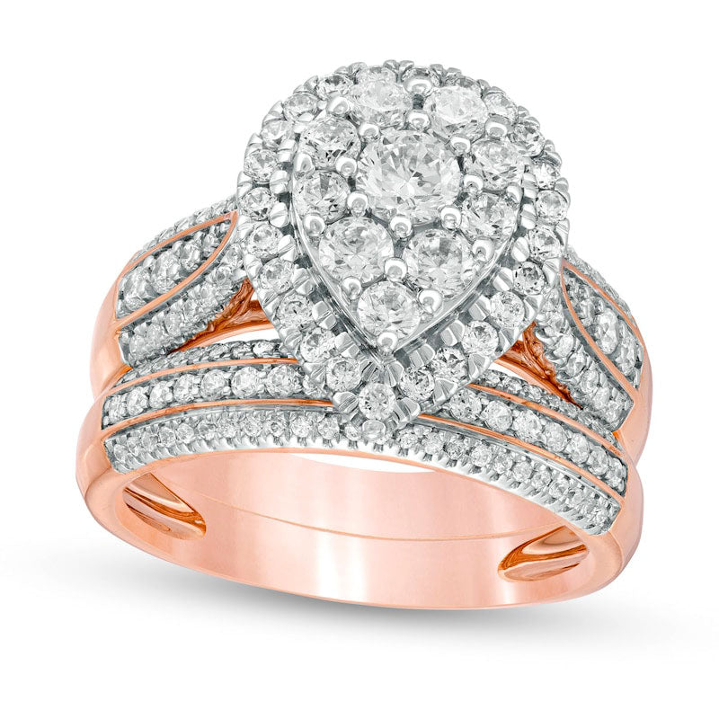 Image of ID 1 15 CT TW Composite Natural Diamond Pear-Shaped Frame Multi-Row Bridal Engagement Ring Set in Solid 10K Rose Gold