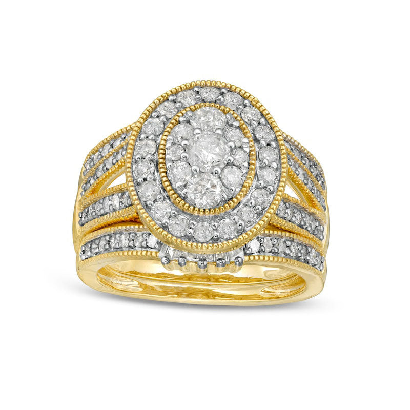 Image of ID 1 15 CT TW Composite Oval Natural Diamond Frame Antique Vintage-Style Split Shank Three Piece Bridal Engagement Ring Set in Solid 10K Yellow Gold