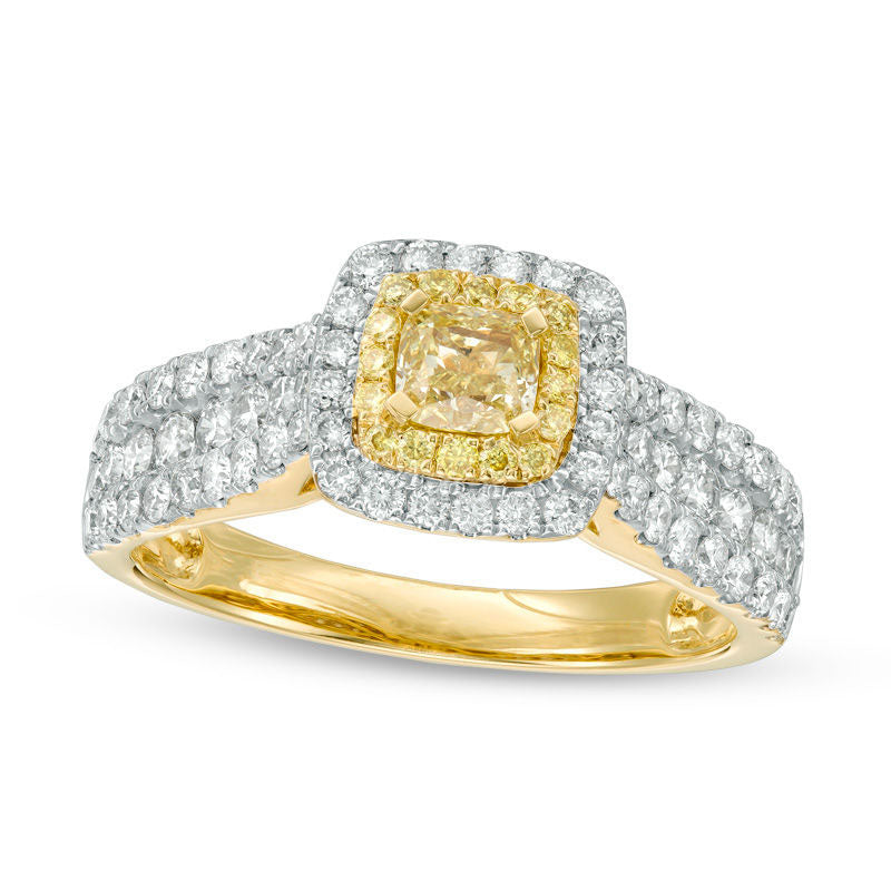 Image of ID 1 15 CT TW Cushion-Cut Yellow and White Natural Diamond Double Frame Multi-Row Engagement Ring in Solid 14K Gold - Size 7