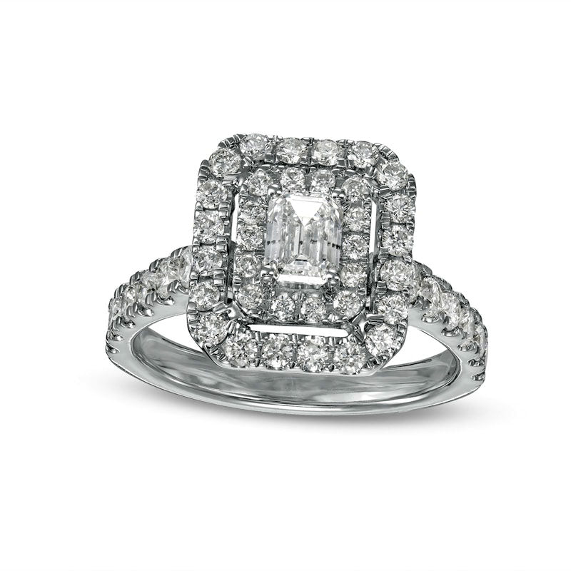 Image of ID 1 15 CT TW Emerald-Cut Natural Diamond Double Frame Engagement Ring in Solid 14K White Gold (I/SI2)
