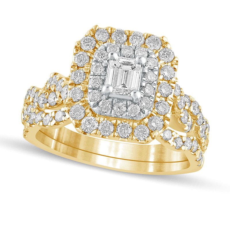 Image of ID 1 15 CT TW Emerald-Cut Natural Diamond Double Frame Multi-Row Bridal Engagement Ring Set in Solid 10K Yellow Gold