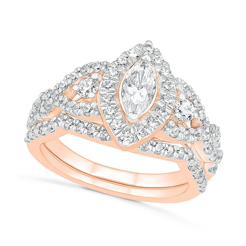 Image of ID 1 15 CT TW Marquise Natural Diamond Frame Antique Vintage-Style Bridal Engagement Ring Set in Solid 10K Rose Gold