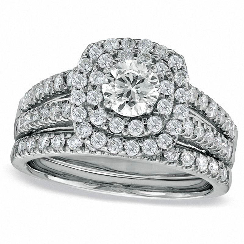 Image of ID 1 15 CT TW Natural Diamond Double Frame Bridal Engagement Ring Set in Solid 14K White Gold