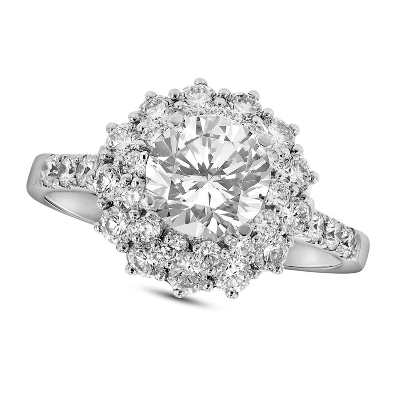 Image of ID 1 15 CT TW Natural Diamond Double Sunburst Frame Engagement Ring in Solid 18K White Gold (I/SI2)