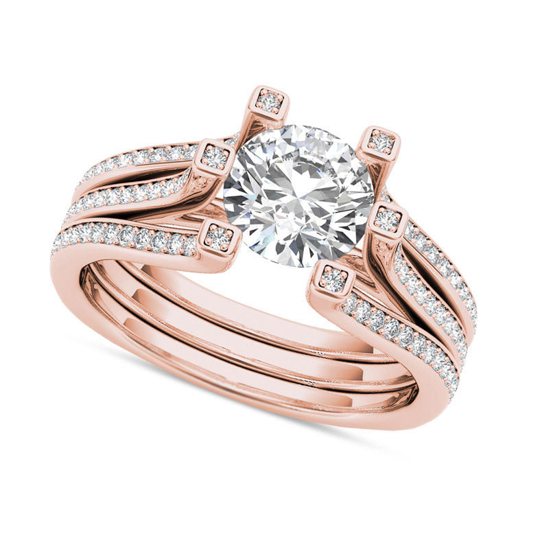Image of ID 1 15 CT TW Natural Diamond Three Row Engagement Ring in Solid 14K Rose Gold