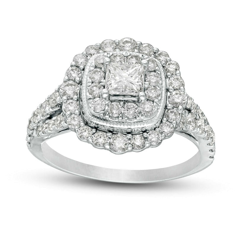Image of ID 1 15 CT TW Princess-Cut Natural Diamond Scallop Frame Antique Vintage-Style Engagement Ring in Solid 14K White Gold