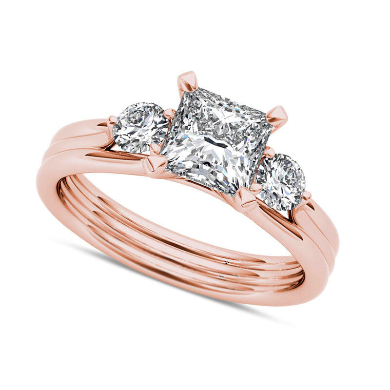Image of ID 1 15 CT TW Princess-Cut Natural Diamond Three Stone Engagement Ring in Solid 14K Rose Gold