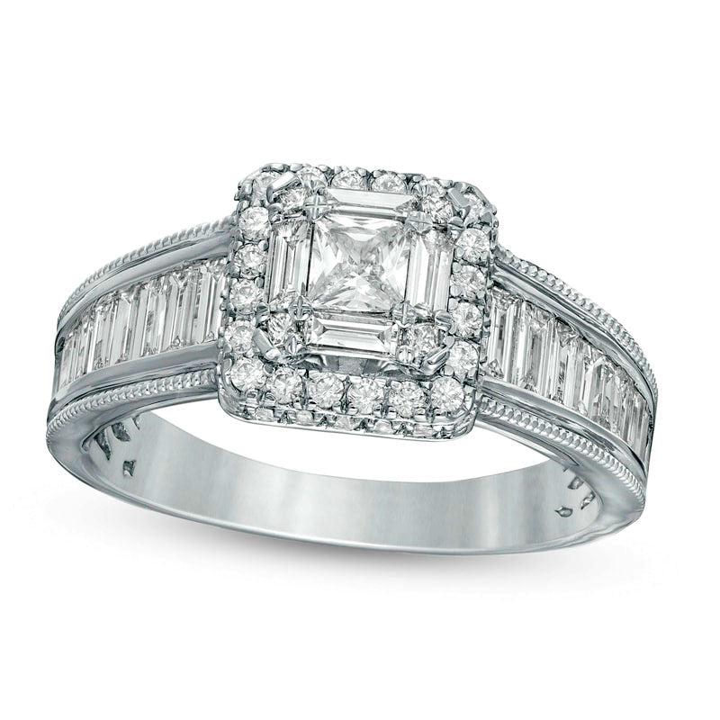 Image of ID 1 15 CT TW Princess-Cut and Baguette Natural Diamond Cushion Frame Engagement Ring in Solid 14K White Gold