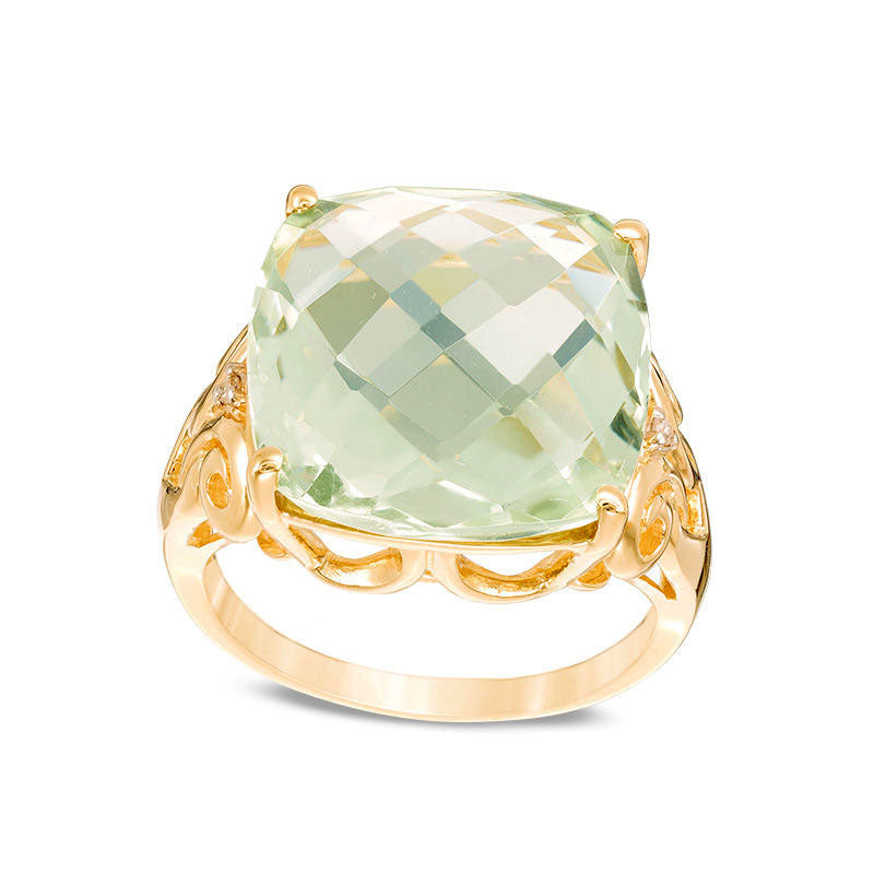 Image of ID 1 150mm Cushion-Cut Green Quartz and Natural Diamond Accent Scroll Ring in Solid 10K Yellow Gold