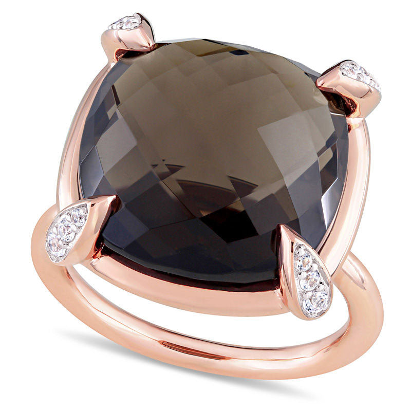 Image of ID 1 150mm Faceted Cushion-Cut Smoky Quartz and White Sapphire Ring in Solid 14K Rose Gold