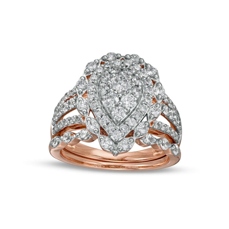 Image of ID 1 163 CT TW Composite Pear-Shaped Natural Diamond Double Frame Scallop Edge Bridal Engagement Ring Set in Solid 10K Rose Gold