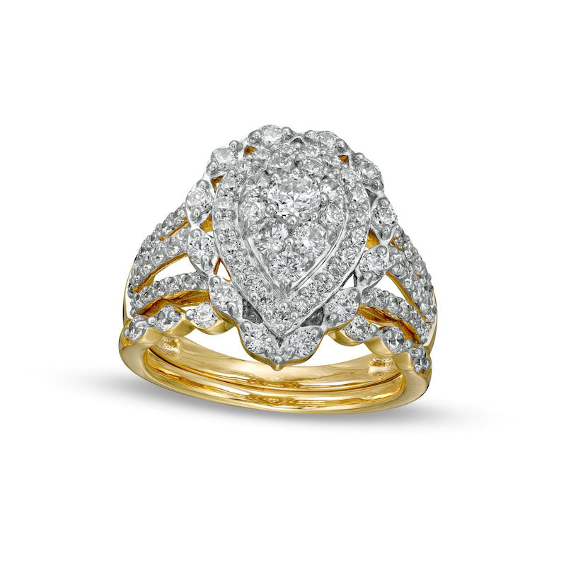 Image of ID 1 163 CT TW Composite Pear-Shaped Natural Diamond Double Frame Scallop Edge Bridal Engagement Ring Set in Solid 10K Yellow Gold