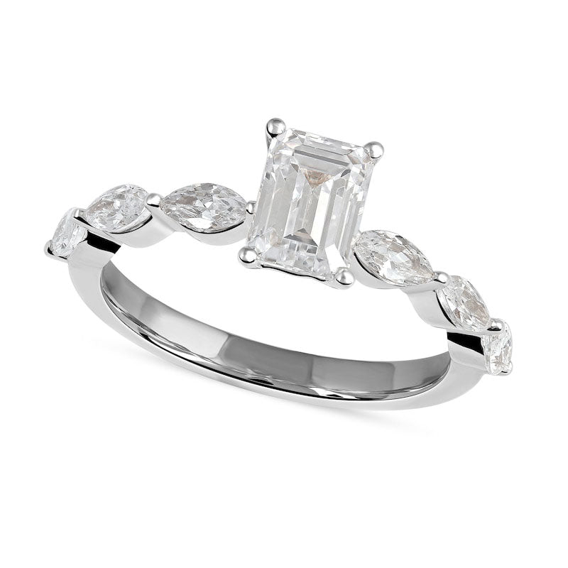 Image of ID 1 163 CT TW Emerald-Cut and Marquise Natural Diamond Engagement Ring in Solid 14K White Gold