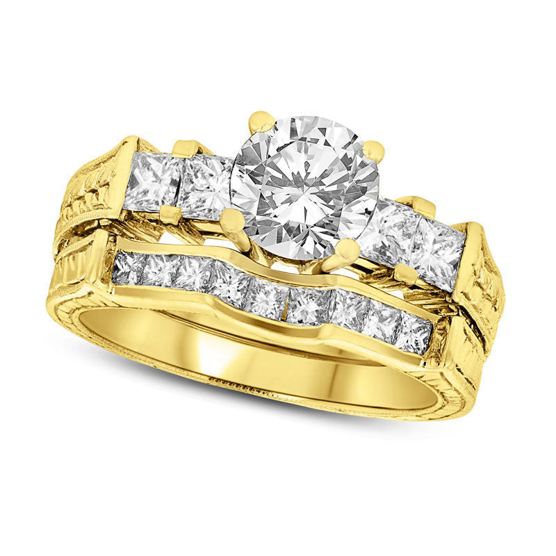 Image of ID 1 163 CT TW Natural Diamond Antique-Finish Bridal Engagement Ring Set in Solid 14K Gold (I/SI2)