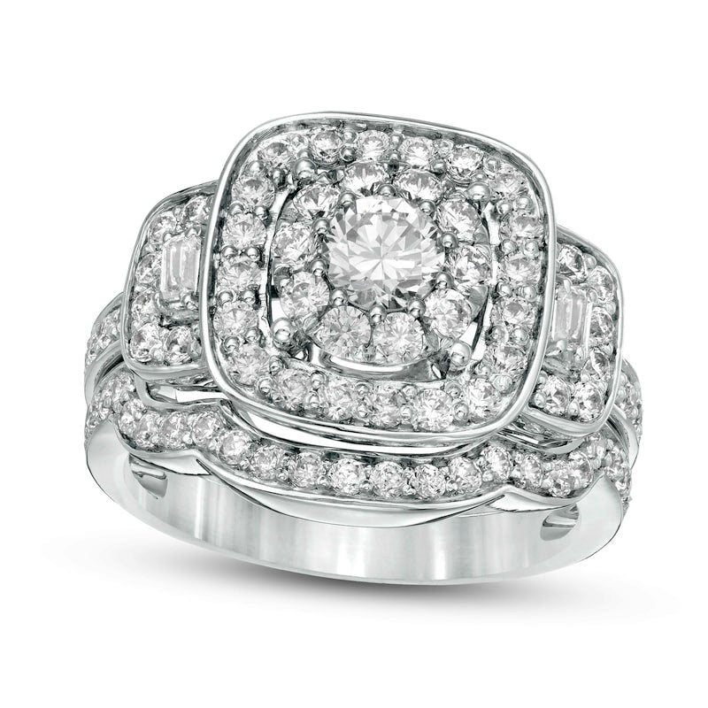 Image of ID 1 163 CT TW Natural Diamond Three Stone Cushion Frame Bridal Engagement Ring Set in Solid 10K White Gold