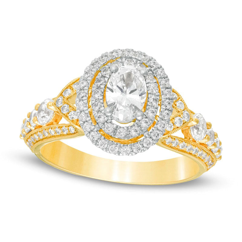Image of ID 1 163 CT TW Oval Natural Diamond Double Frame Antique Vintage-Style Engagement Ring in Solid 14K Gold