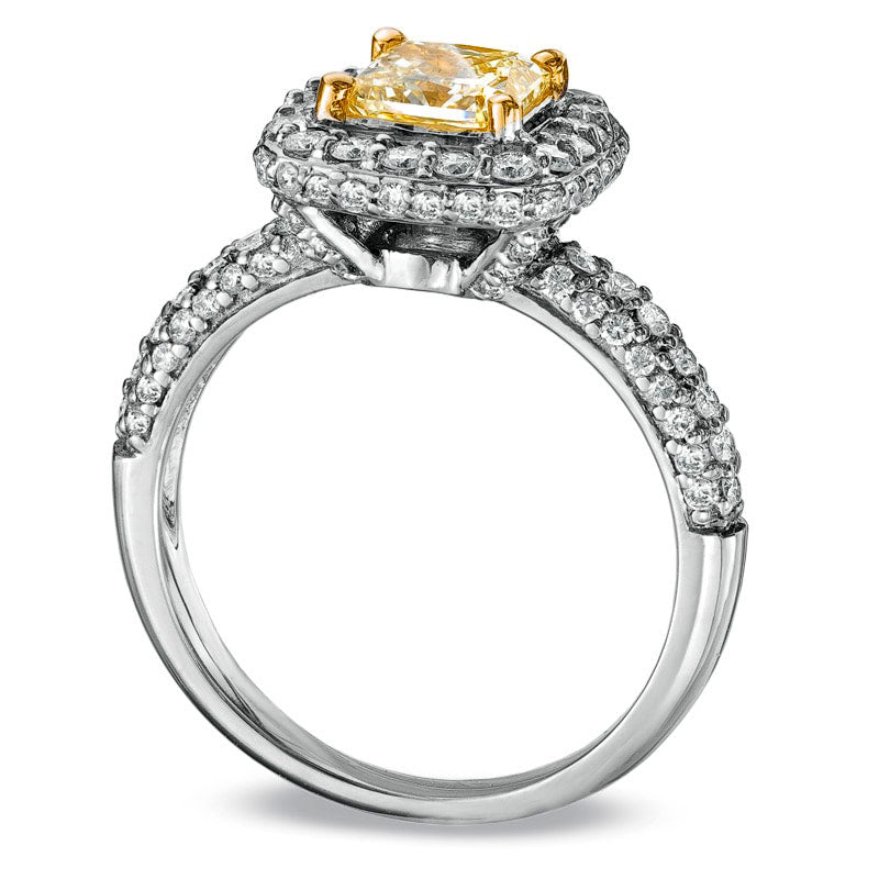 Image of ID 1 163 CT TW Radiant-Cut Fancy Yellow and White Natural Diamond Frame Engagement Ring in Solid 18K White Gold (SI2)