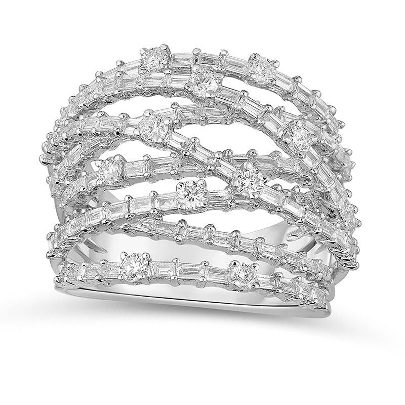Image of ID 1 175 CT TW Baguette and Round Layered Crossover Ring in Solid 14K White Gold