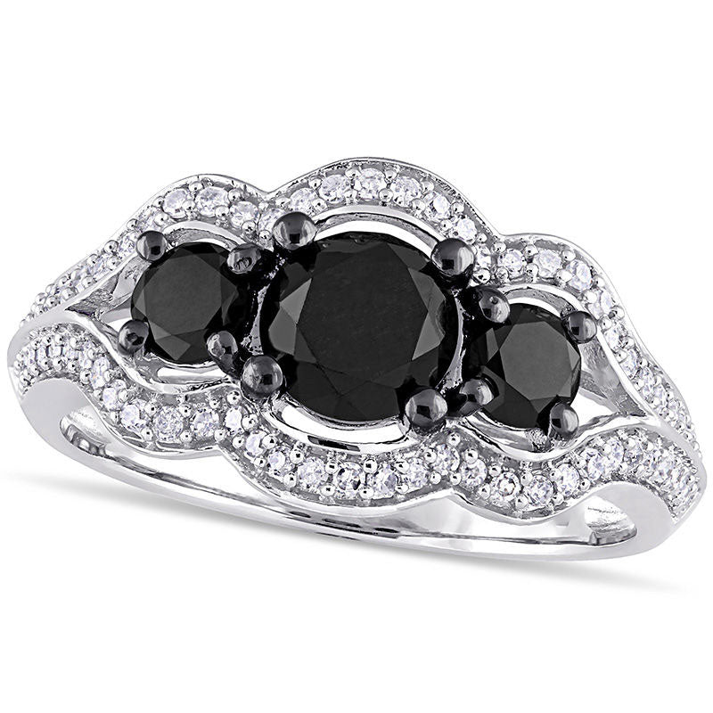 Image of ID 1 175 CT TW Enhanced Black and White Natural Diamond Three Stone Bypass Scallop Frame Engagement Ring in Solid 10K White Gold