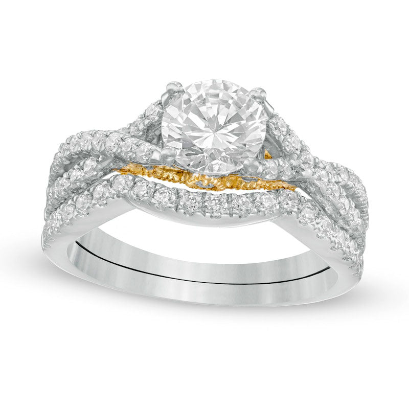 Image of ID 1 175 CT TW Natural Diamond Criss-Cross Split Shank Bridal Engagement Ring Set in Solid 10K Two-Tone Gold