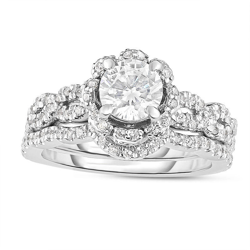 Image of ID 1 175 CT TW Natural Diamond Flower Frame Twist Bridal Engagement Ring Set in Solid 14K White Gold