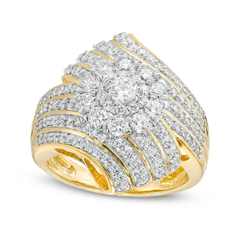 Image of ID 1 175 CT TW Natural Diamond Frame Multi-Row Wave Ring in Solid 10K Yellow Gold