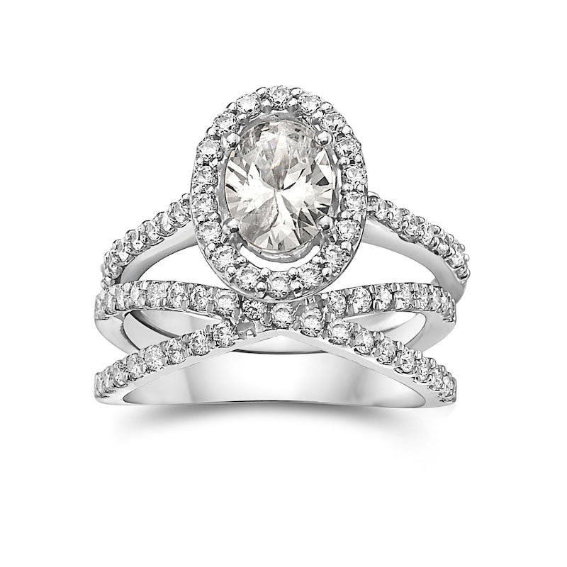 Image of ID 1 175 CT TW Oval Natural Diamond Frame Criss-Cross Bridal Engagement Ring Set in Solid 14K White Gold