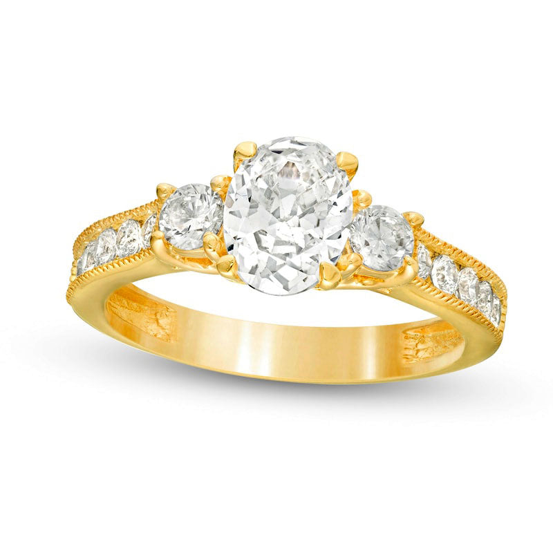 Image of ID 1 175 CT TW Oval and Round Natural Diamond Three Stone Engagement Ring in Solid 14K Gold