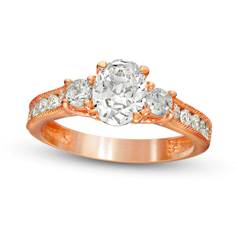 Image of ID 1 175 CT TW Oval and Round Natural Diamond Three Stone Engagement Ring in Solid 14K Rose Gold