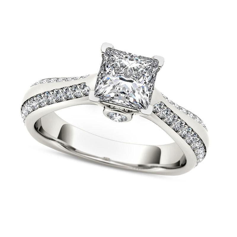 Image of ID 1 175 CT TW Princess-Cut Natural Diamond Engagement Ring in Solid 14K White Gold
