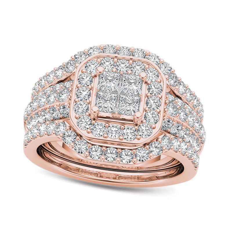 Image of ID 1 175 CT TW Quad Princess-Cut Natural Diamond Frame Three Piece Bridal Engagement Ring Set in Solid 14K Rose Gold