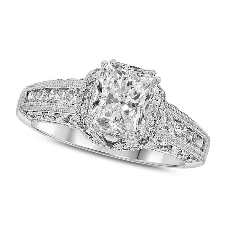 Image of ID 1 175 CT TW Radiant-Cut Natural Diamond Collar Antique Vintage-Style Engagement Ring in Solid 14K White Gold (I/SI2)