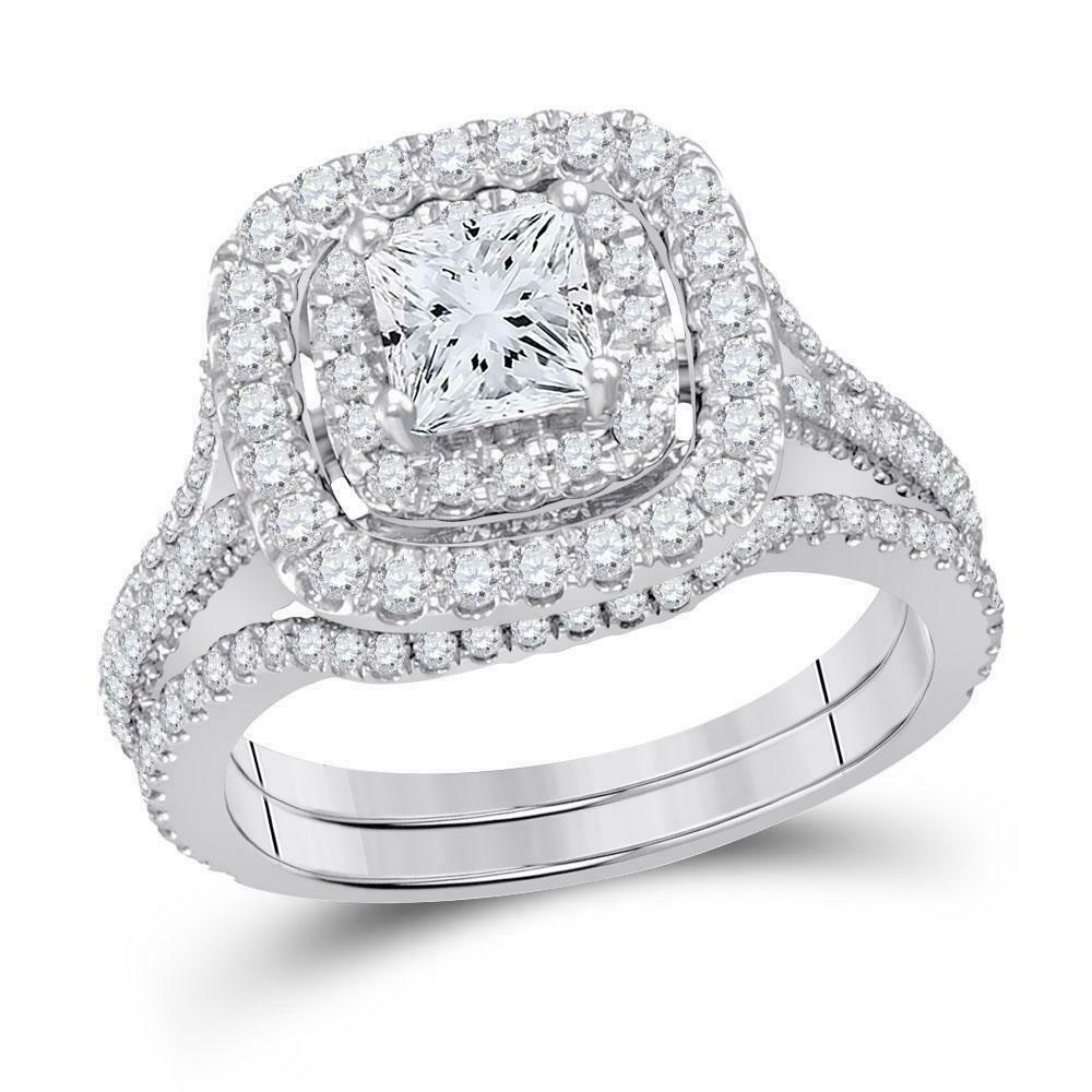 Image of ID 1 2 Carat Princess Diamond Cushion Halo Engagement Wedding Ring Set White Gold