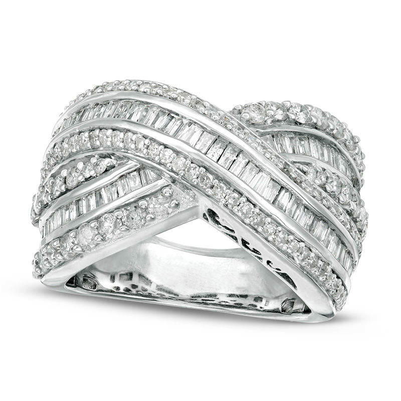 Image of ID 1 20 CT TW Baguette and Round Natural Diamond Multi-Row Crossover Ring in Solid 10K White Gold - Size 7