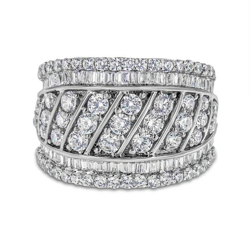 Image of ID 1 20 CT TW Baguette and Round Natural Diamond Slanted Multi-Row Ring in Sterling Silver