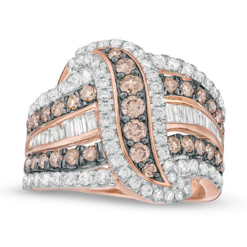 Image of ID 1 20 CT TW Champagne and White Natural Diamond Multi-Row Crossover Ring in Solid 10K Rose Gold