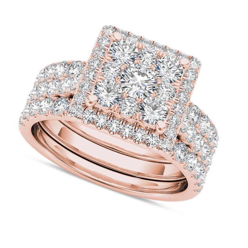Image of ID 1 20 CT TW Composite Natural Diamond Square Frame Three Piece Bridal Engagement Ring Set in Solid 14K Rose Gold