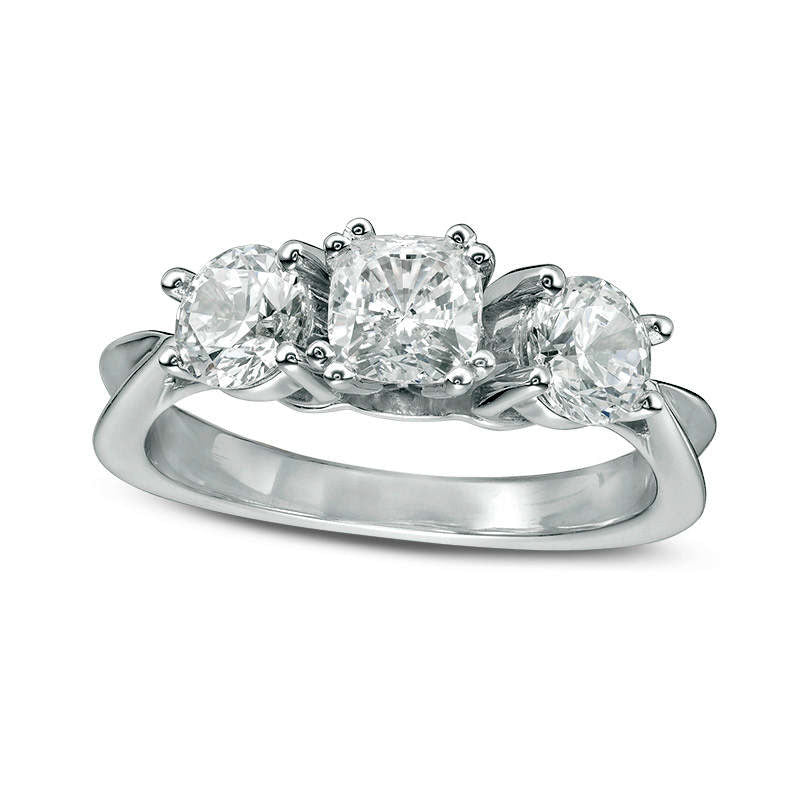 Image of ID 1 20 CT TW Cushion-Cut Natural Diamond Three Stone Engagement Ring in Solid 14K White Gold