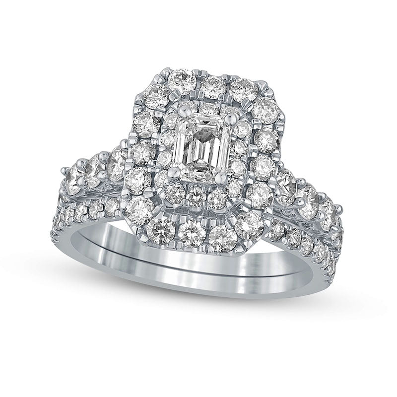 Image of ID 1 20 CT TW Emerald-Cut Natural Diamond Frame Bridal Engagement Ring Set in Solid 14K White Gold