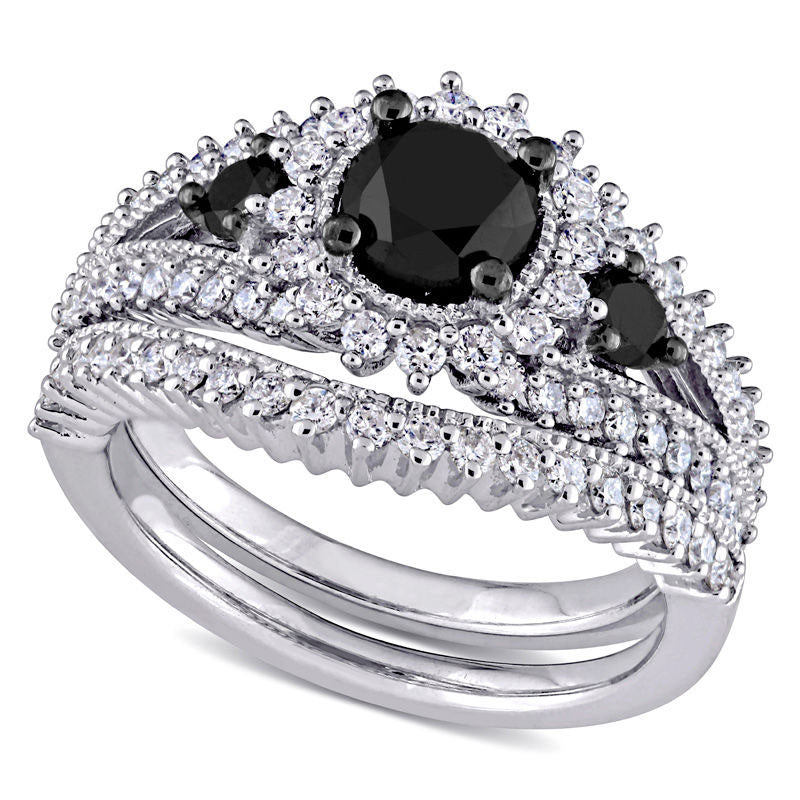 Image of ID 1 20 CT TW Enhanced Black and White Natural Diamond Three Stone Bridal Engagement Ring Set in Solid 10K White Gold