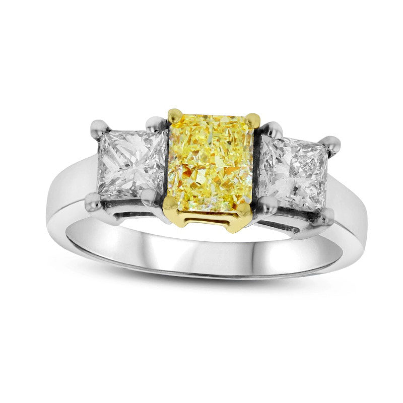 Image of ID 1 20 CT TW Fancy Yellow and White Radiant-Cut Natural Diamond Three Stone Ring in Solid 18K Two-Tone Gold (SI1)