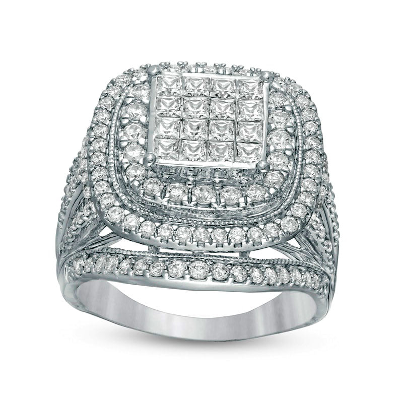 Image of ID 1 20 CT TW Princess-Cut Composite Natural Diamond Double Cushion Frame Multi-Row Engagement Ring in Solid 14K White Gold