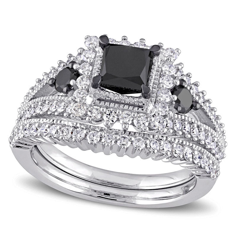 Image of ID 1 20 CT TW Princess-Cut Enhanced Black and White Natural Diamond Milgrain Split Shank Bridal Engagement Ring Set in Solid 10K White Gold