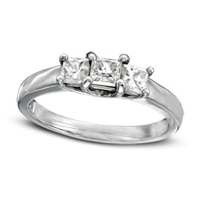 Image of ID 1 20 CT TW Princess-Cut Natural Diamond Three Stone Engagement Ring in Solid 14K White Gold (I/SI2)