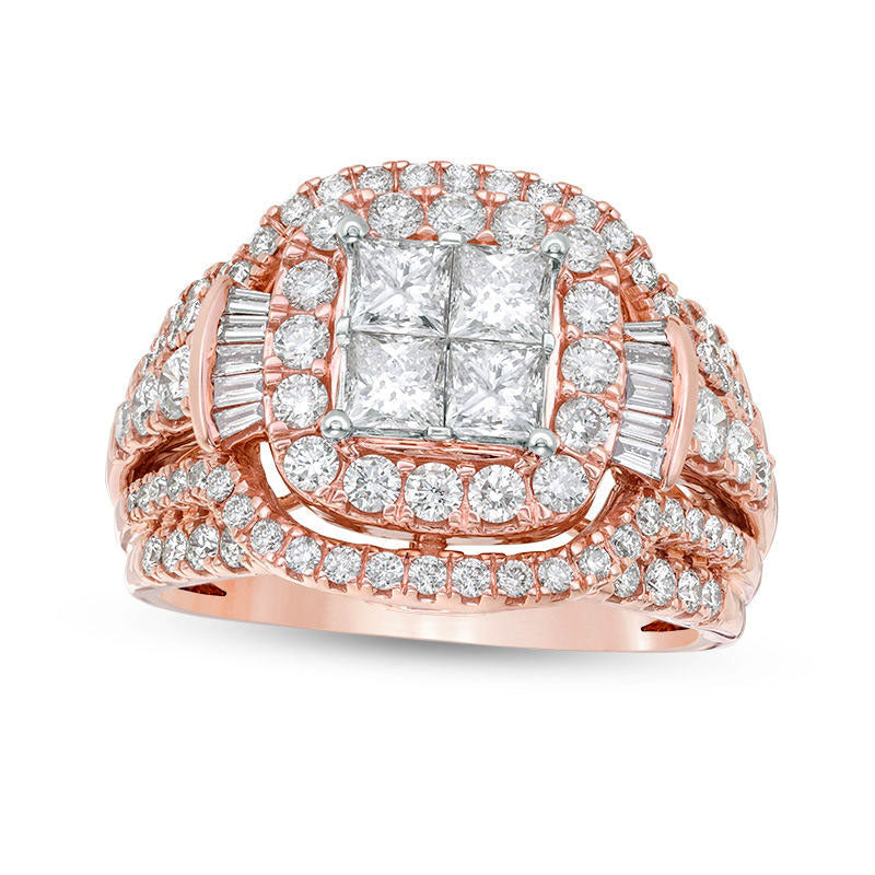 Image of ID 1 20 CT TW Princess-Cut Quad Natural Diamond Double Frame with Collar Engagement Ring in Solid 14K Rose Gold