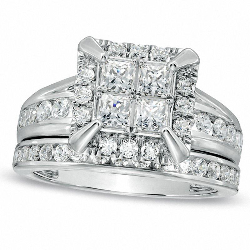 Image of ID 1 20 CT TW Quad Princess-Cut Natural Diamond Frame Bridal Engagement Ring Set in Solid 14K White Gold