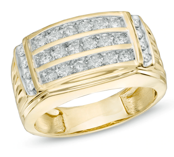 Image of ID 1 $2064 Men's 1 CT TW REAL Diamond Three Row Ring in 14K Yellow Gold